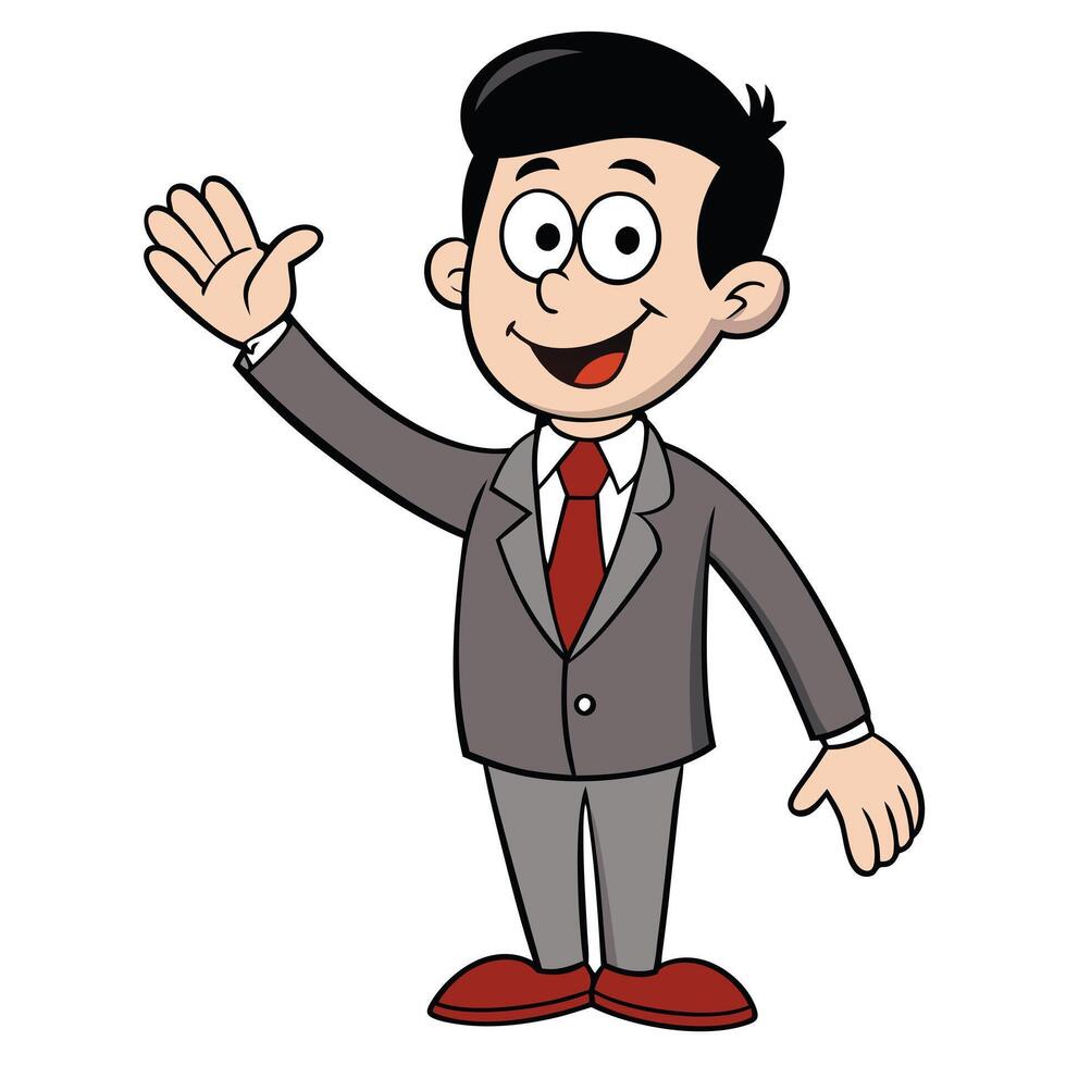 Cartoon businessman waving hand in friendly greeting with cheerful expression vector