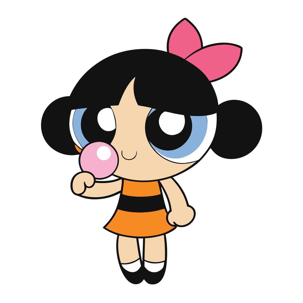 Cartoon girl blowing a bubble with a pink bow illustration vector