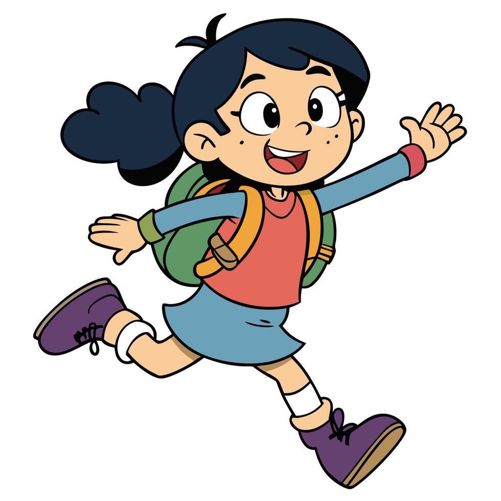 Cartoon schoolgirl running with backpack ready for adventure and learning excitement vector