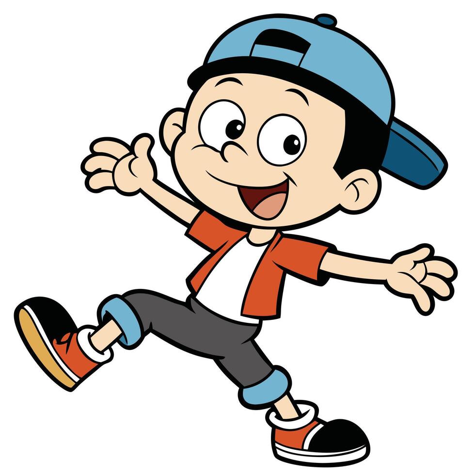 Joyful cartoon boy leaping with open arms and a big smile vector