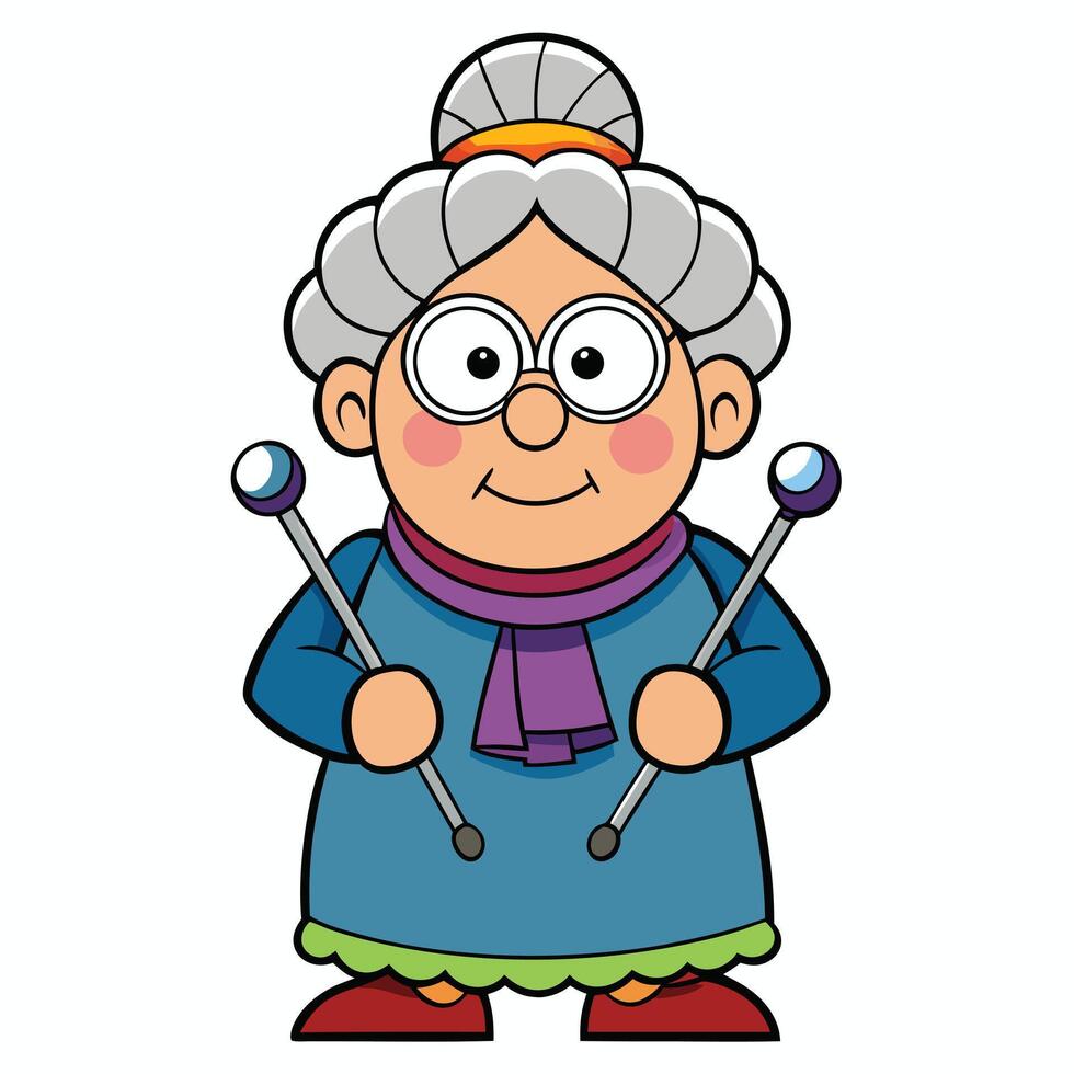 Cheerful cartoon granny knitting with needles illustration for creative projects vector