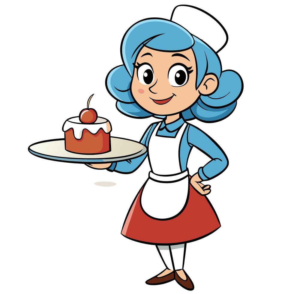 Cartoon waitress holding a cake on a tray vintage diner style illustration vector