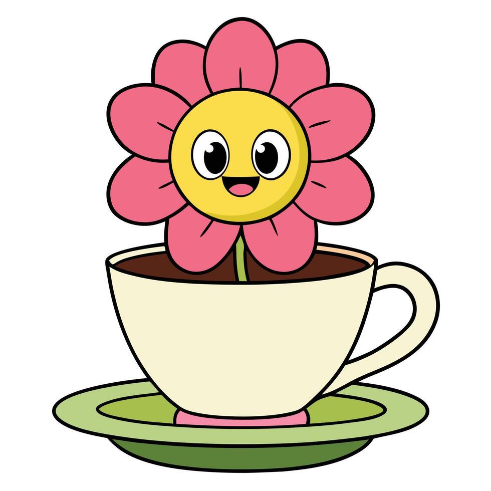 Cute smiling flower character in a coffee cup on a saucer illustration vector