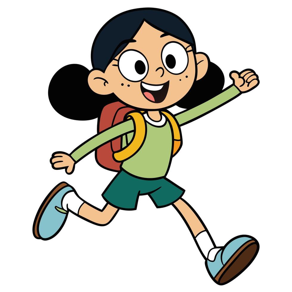 Cartoon schoolgirl with backpack running happily illustration isolated on white vector