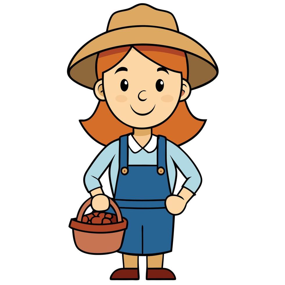 Cartoon farmer girl holding a basket full of harvested vegetables vector