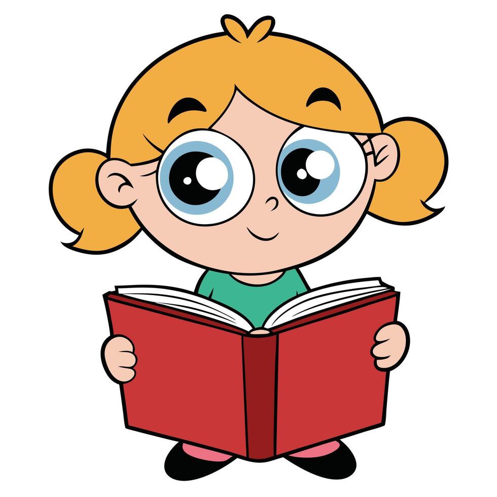 Cute cartoon girl with ponytails reading a large red book illustration vector