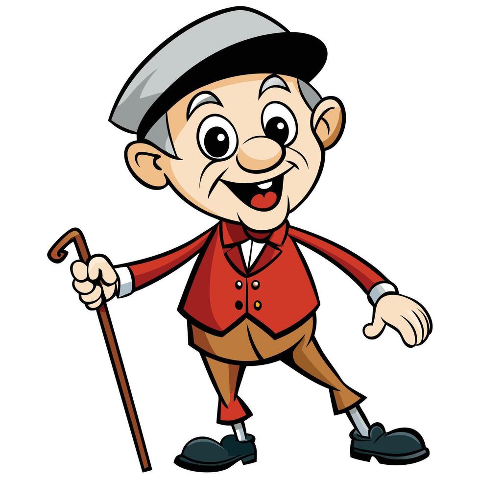 Happy elderly cartoon character walking with cane wearing stylish outfit and cap vector