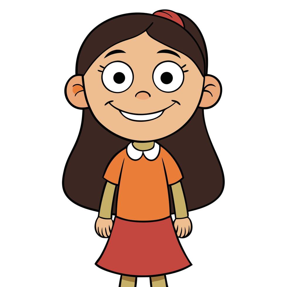 Cute cartoon girl with brown hair smiling illustration full body view vector