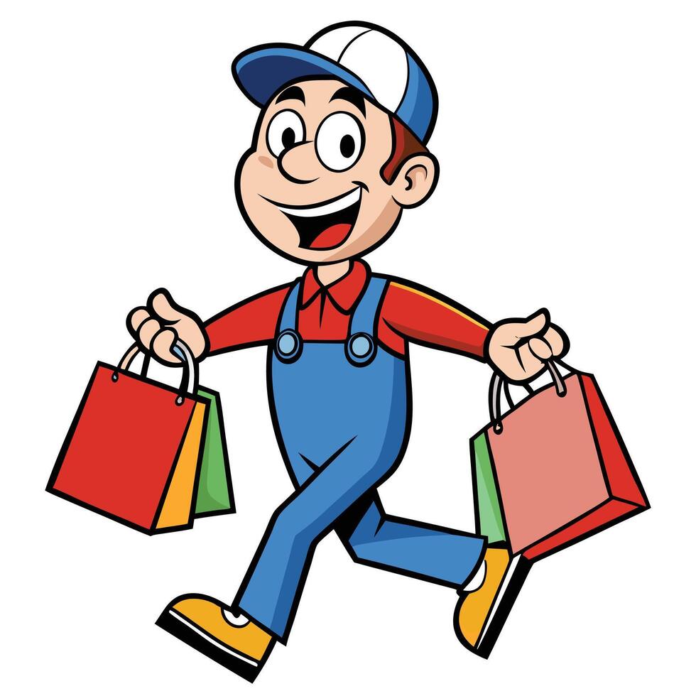 Cartoon delivery man running with shopping bags cartoon character illustration vector