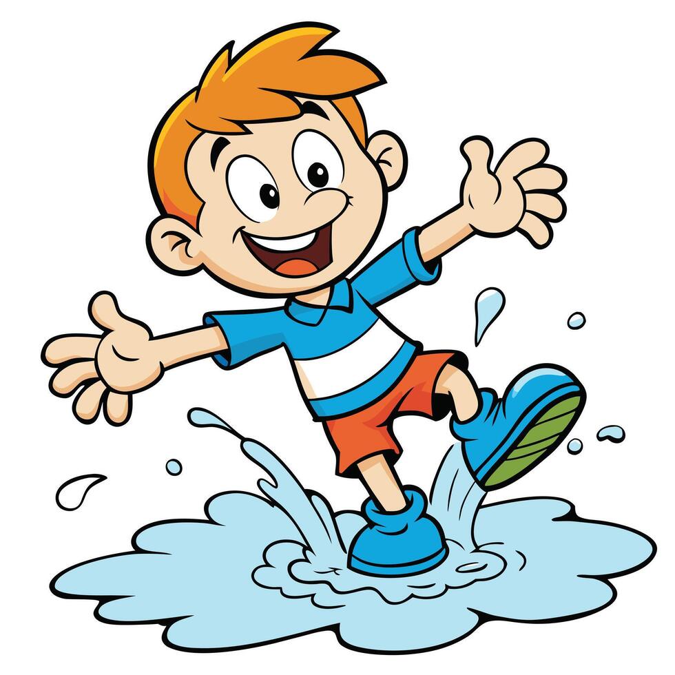 Cheerful cartoon boy splashing in a puddle of water illustration vector