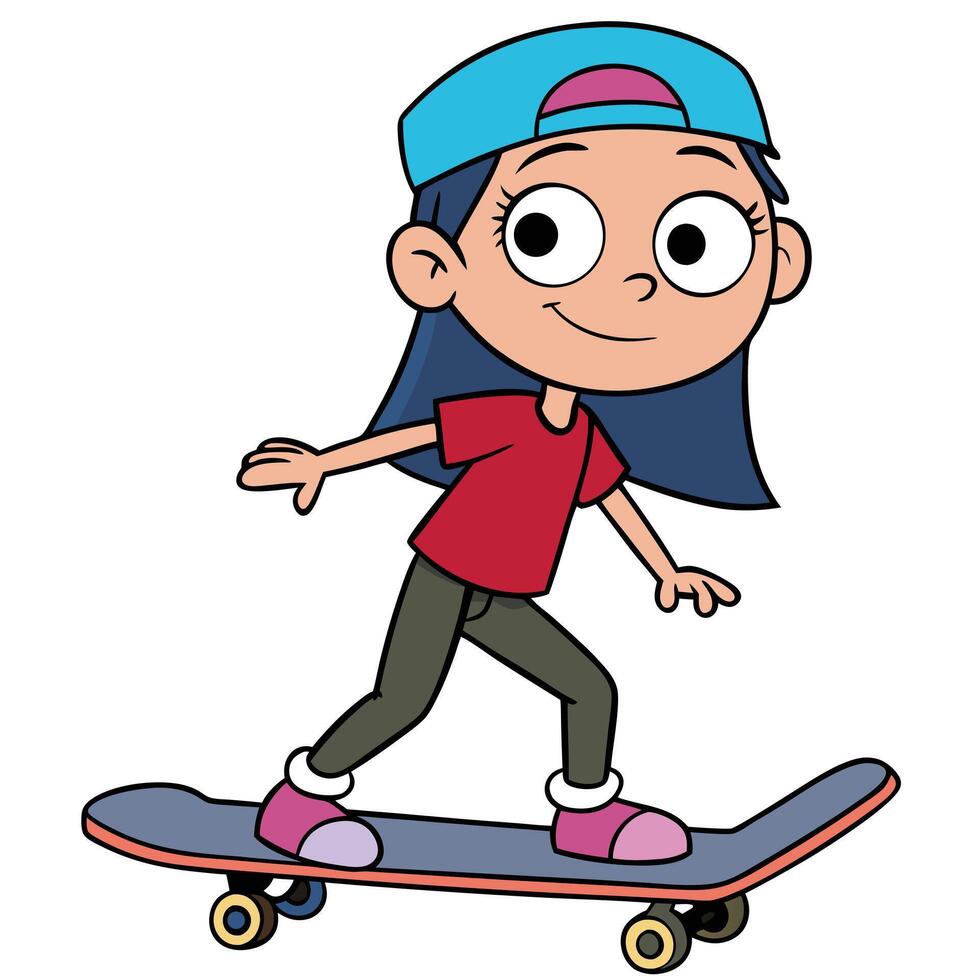 Cartoon girl skateboarding with a cap on white background illustration vector