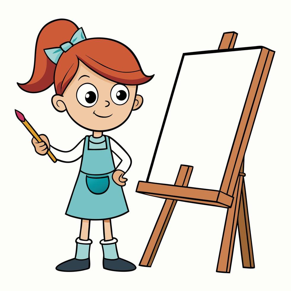 Cartoon girl painting on canvas with easel illustration vector
