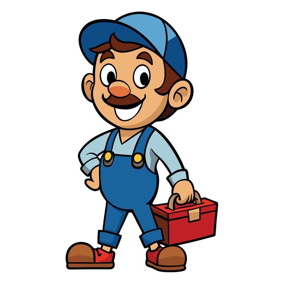 Cartoon plumber character holding toolbox ready for repair jobs and services vector