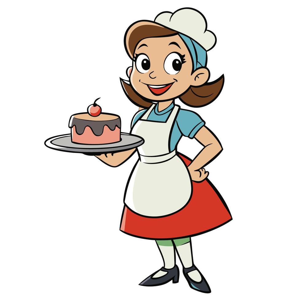 Cartoon waitress serving cake illustration cute baker character design vector