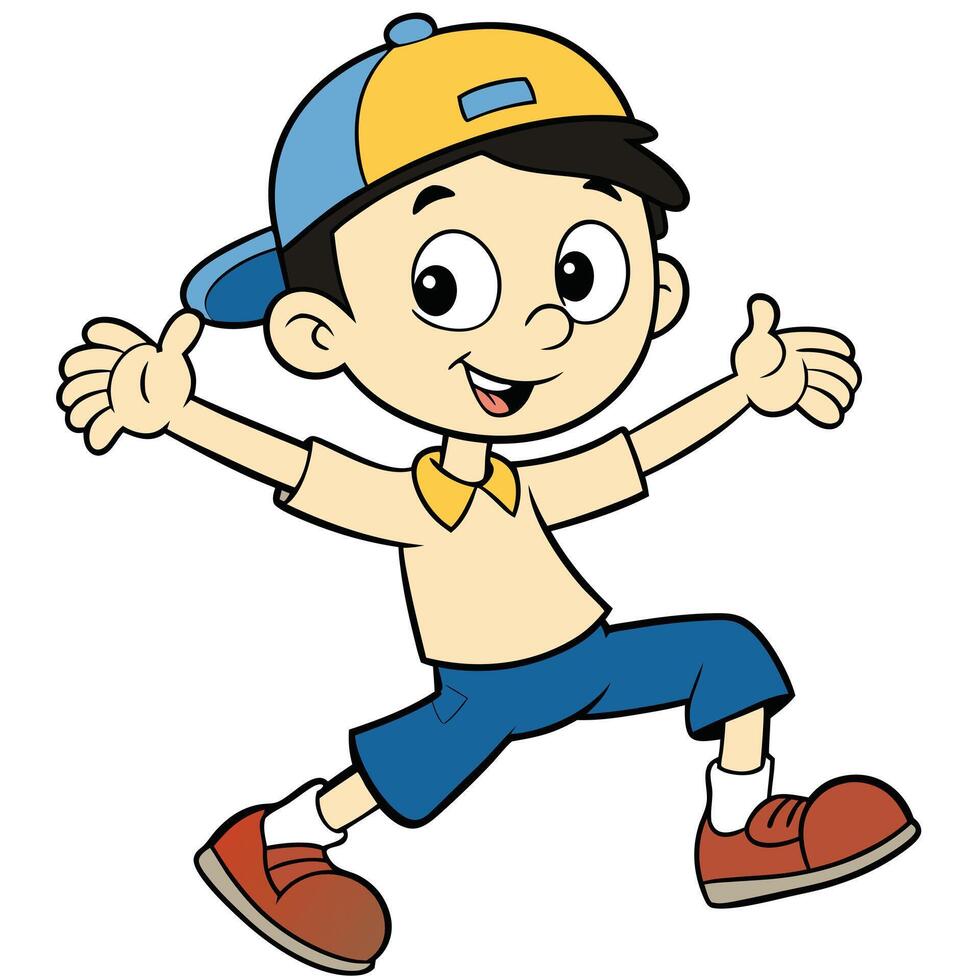 Joyful cartoon boy running with open arms wearing casual clothes and cap vector