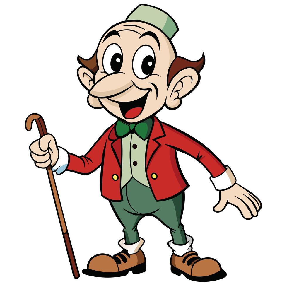 Cheerful cartoon man standing with walking cane wearing red jacket and bowtie vector