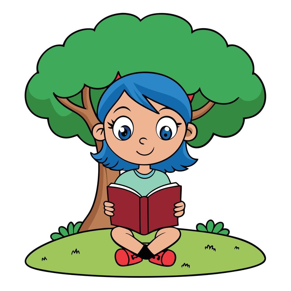 Cartoon girl reading a book under tree on grass illustration vector