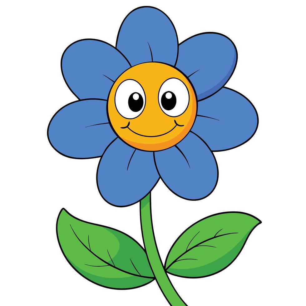Smiling cartoon flower with blue petals and green stem illustration vector