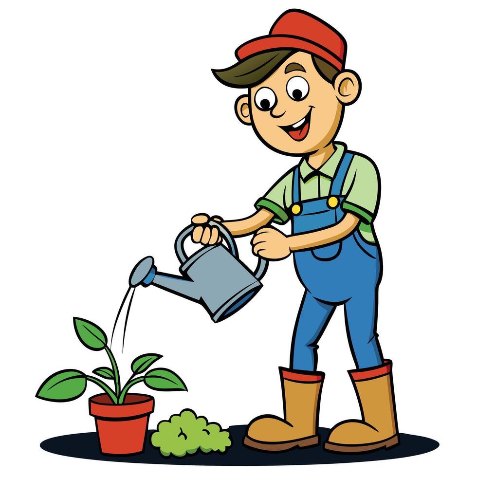 Cartoon farmer watering plant in pot gardener with watering can illustration vector