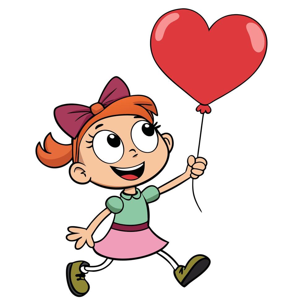 Cartoon girl running with heart shaped balloon full body illustration vector