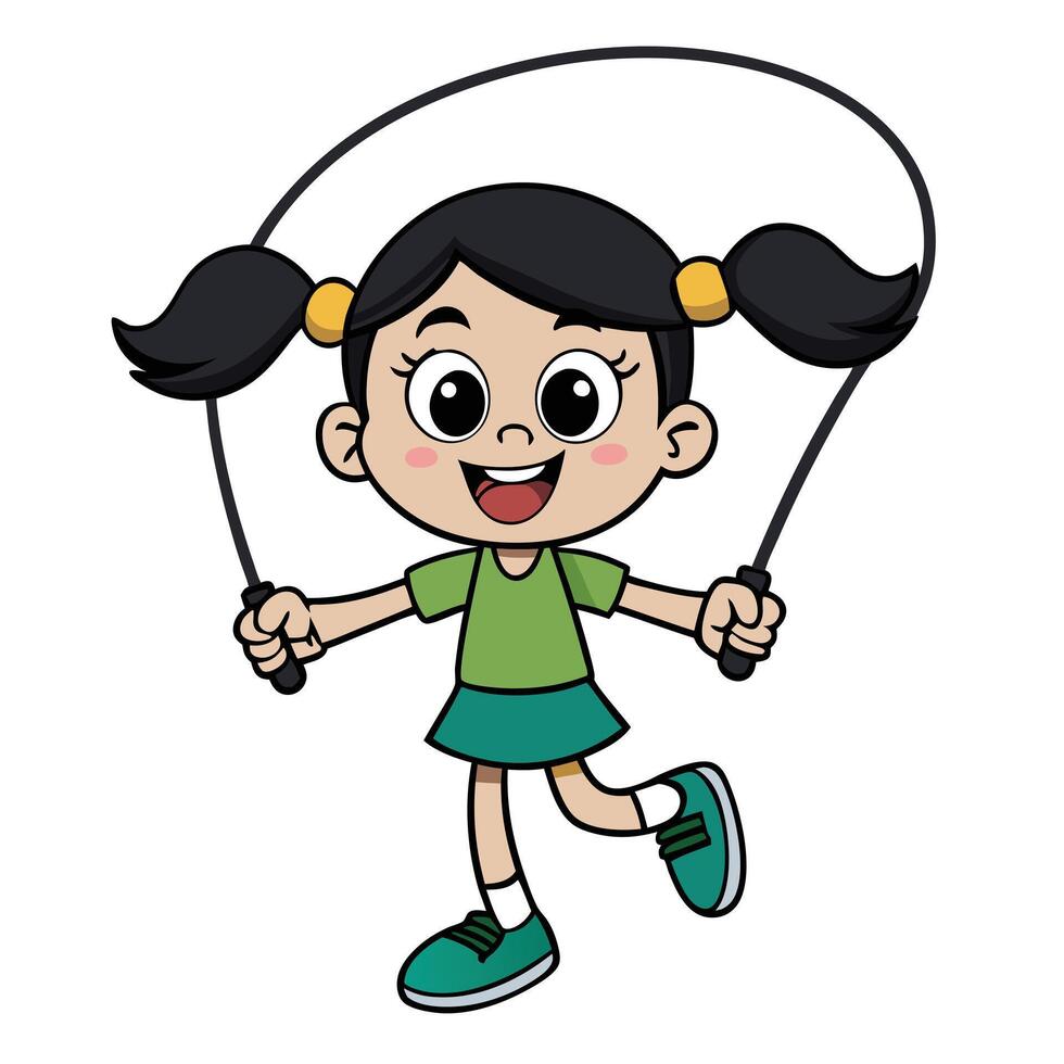 Happy girl skipping rope illustration cute child playing exercise cartoon vector