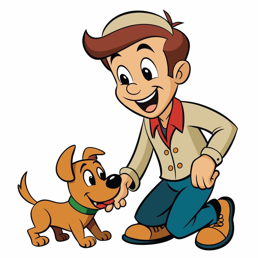 Cartoon boy kneeling beside brown puppy smiling and playing together affectionately vector