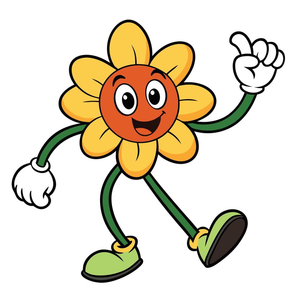 Cheerful sunflower character walking with a smile and pointing upward gesture vector