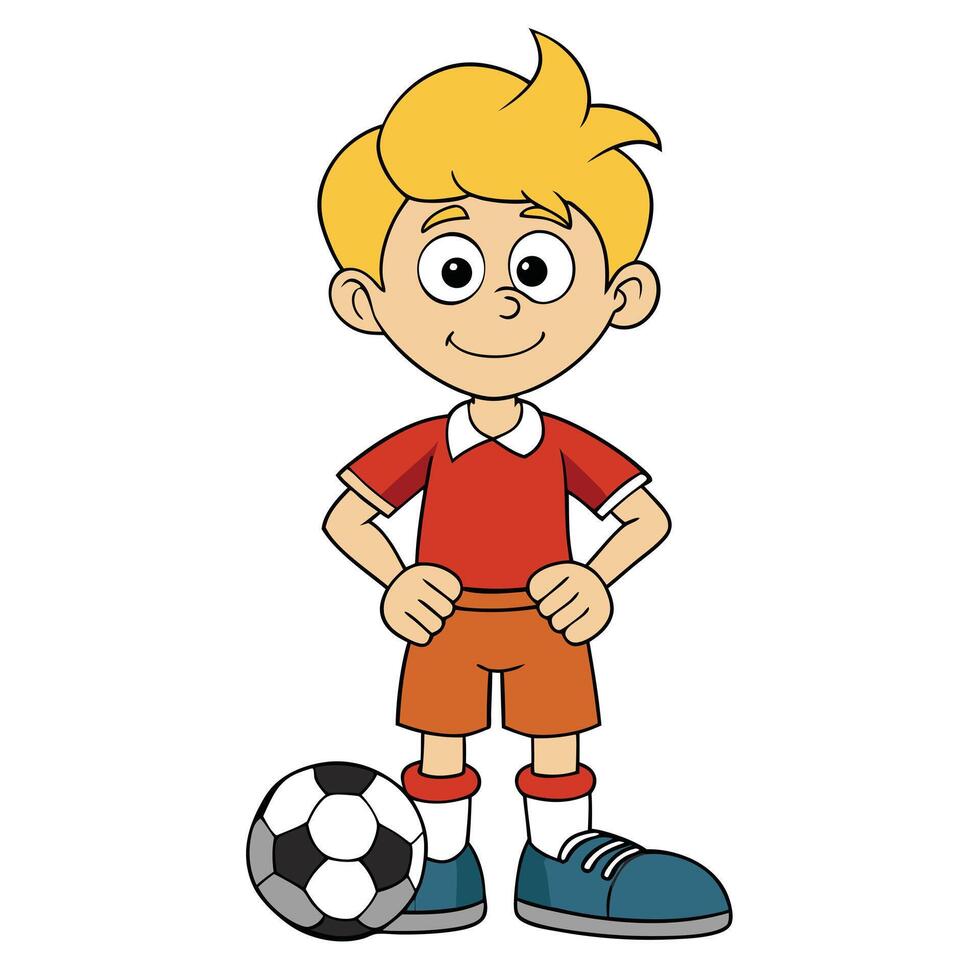 Cartoon boy soccer player standing confidently with ball illustration vector