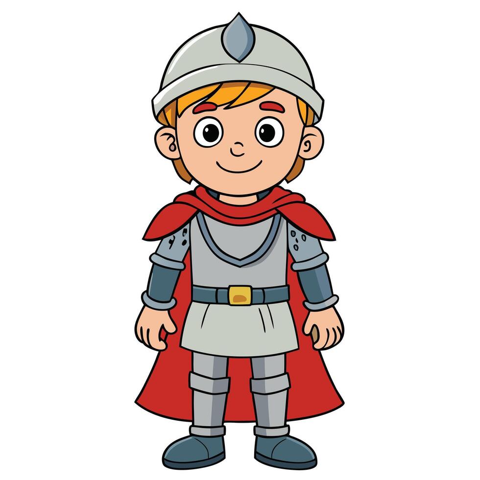 Cute cartoon knight illustration with red cape and silver armor vector
