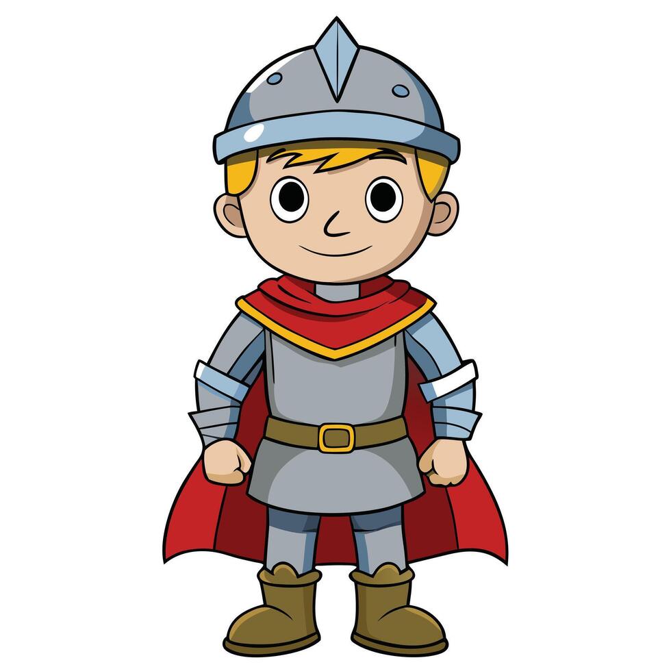 Cartoon knight character wearing armor and red cape isolated on white background vector
