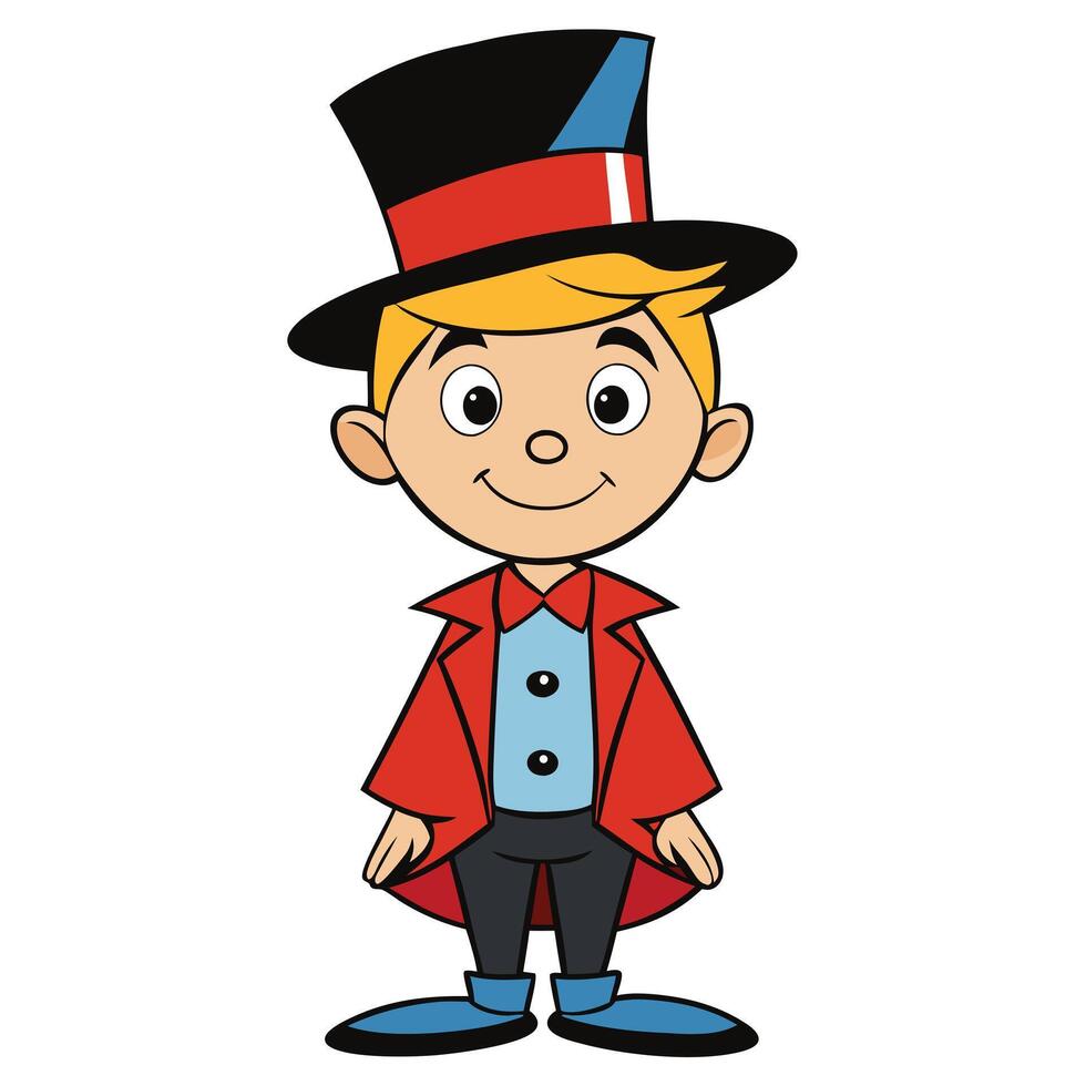Cartoon boy wearing top hat and red coat costume standing smiling vector