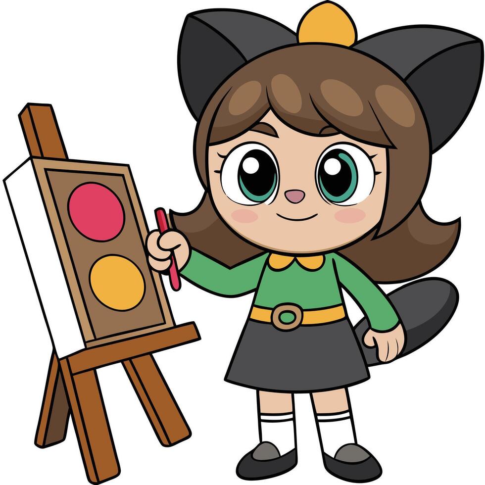 Cartoon beaver girl painting colorful circles on a white canvas vector