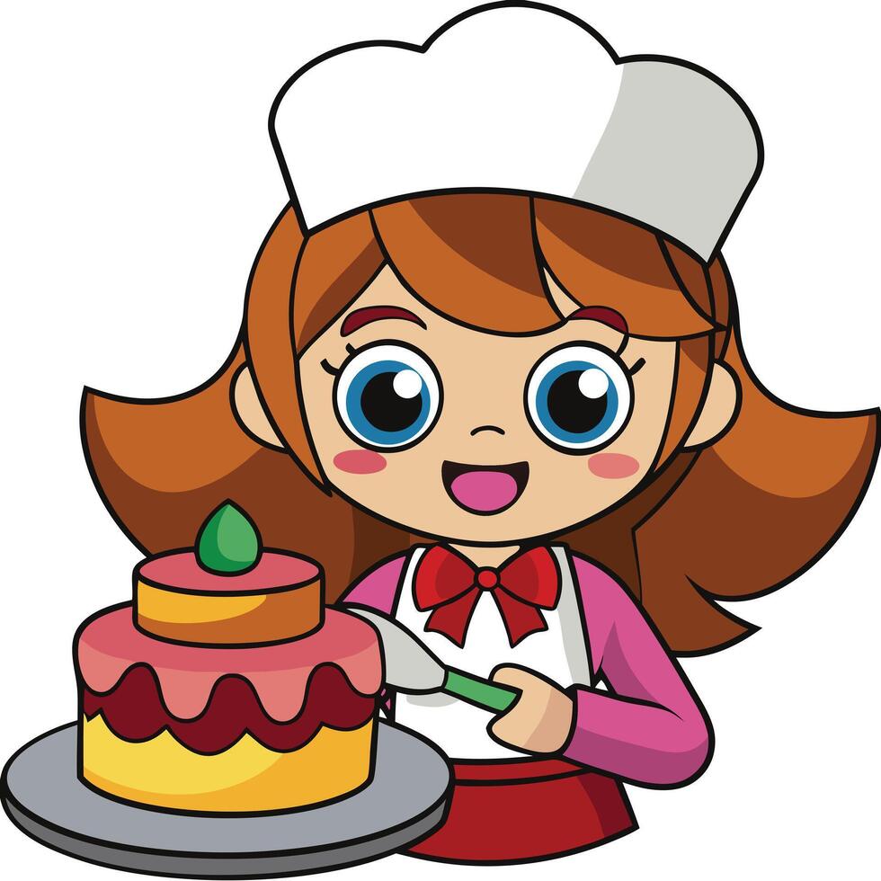 Cartoon baker girl decorating cake illustration suitable for childrens books and designs vector