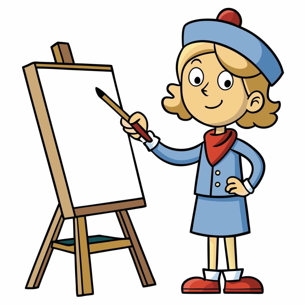 Cartoon girl artist painting on easel with brush ready to create art vector