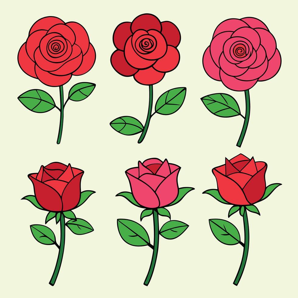 Collection of six roses with stems and leaves in red and pink vector