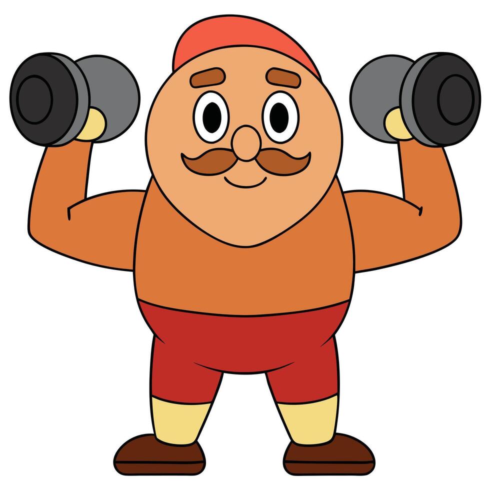 Cartoon weightlifter character flexing muscles lifting dumbbells in gym illustration vector