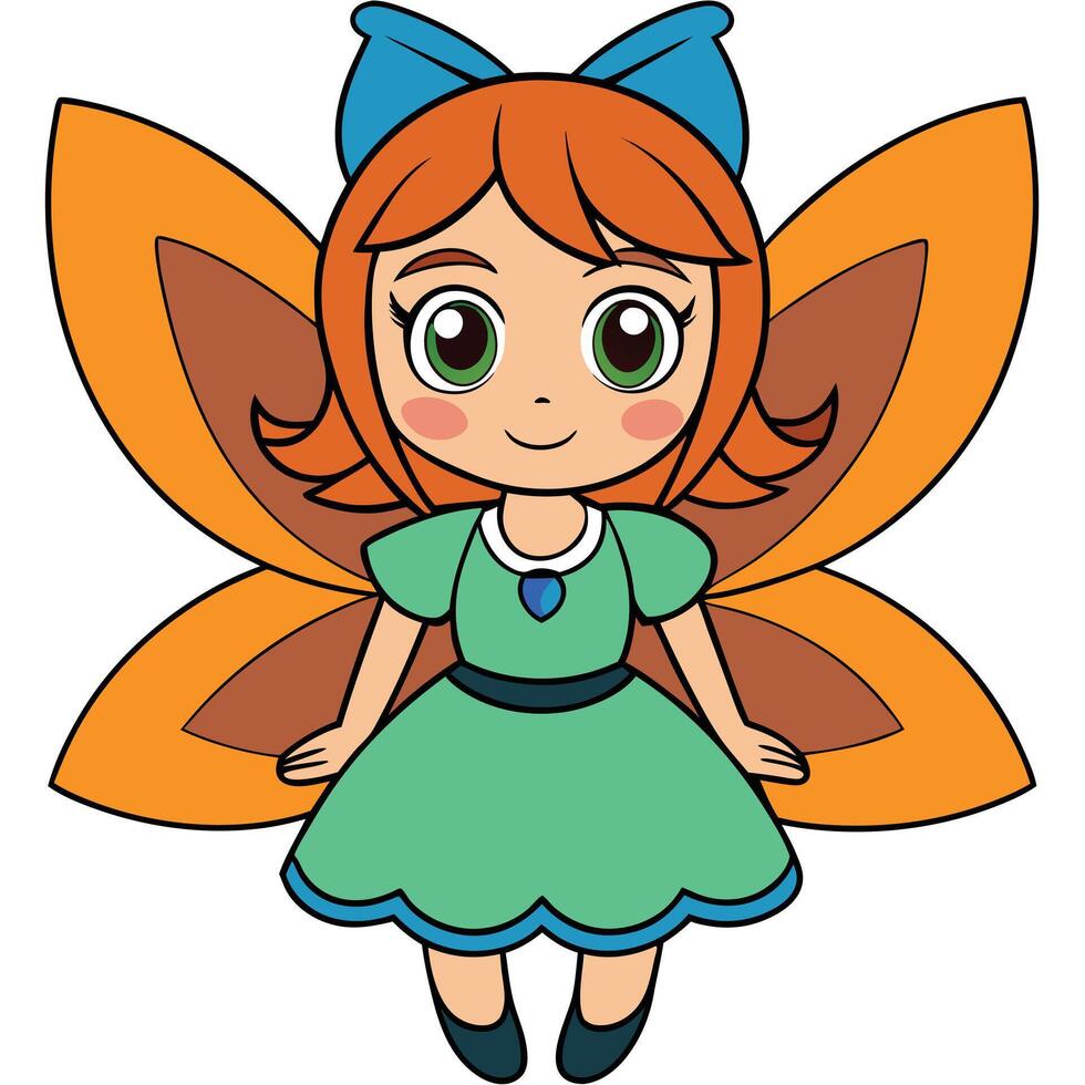 Cute cartoon fairy with orange wings and blue bow character vector