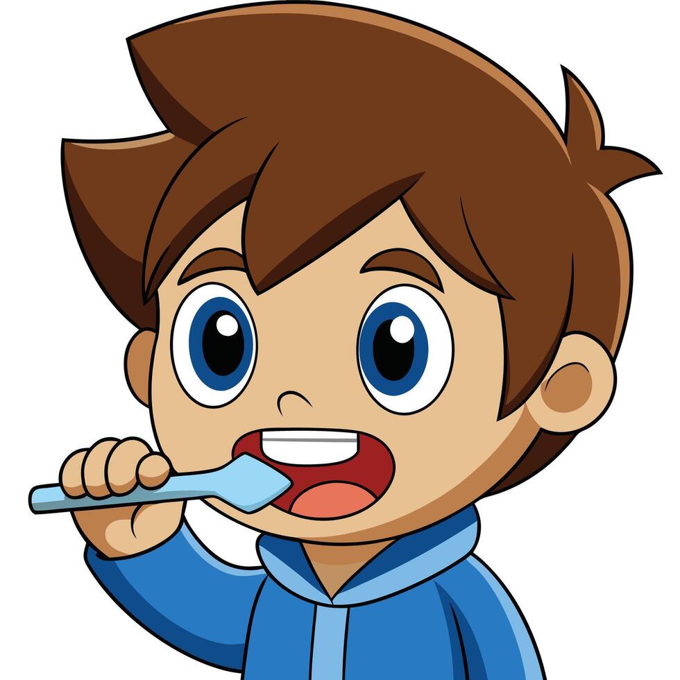 Cartoon boy brushing teeth daily oral hygiene routine smiling young character vector