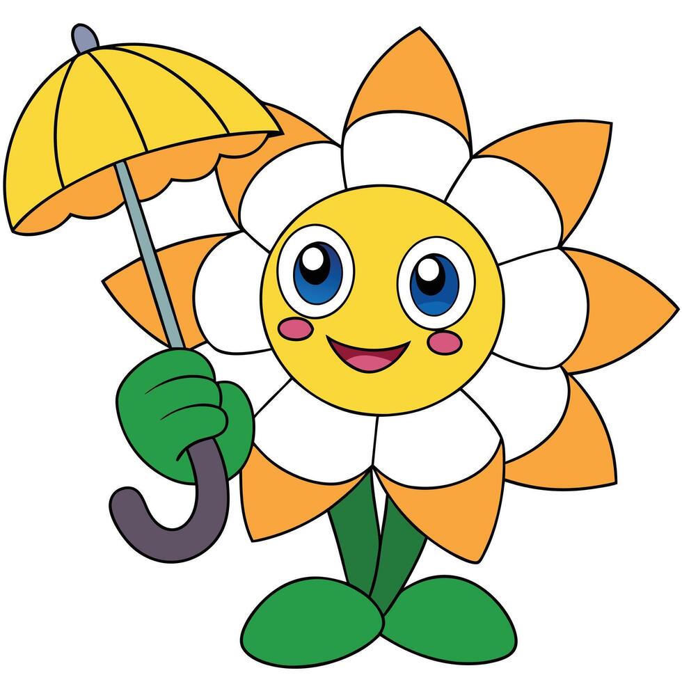 Cute flower cartoon character holding an umbrella with cheerful expression vector