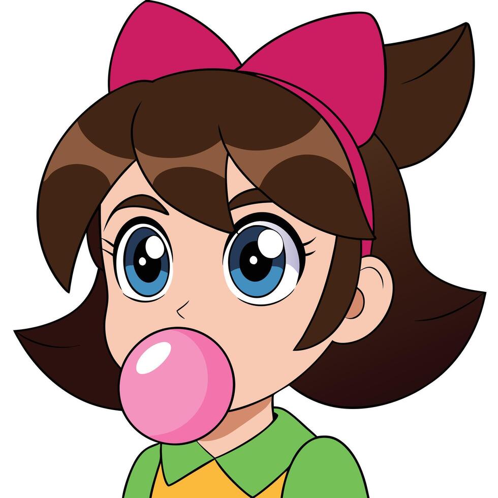 Cute anime girl blowing bubble gum cartoon style illustration art vector
