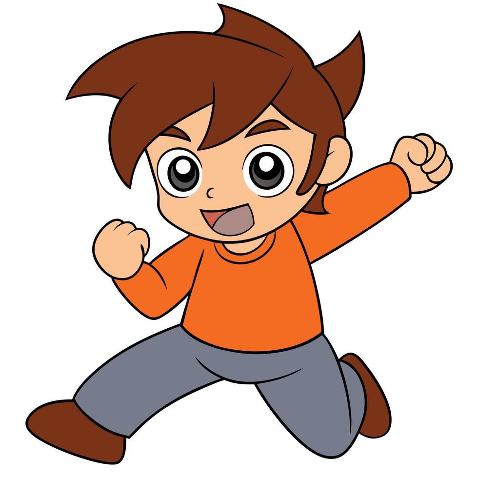 Cheerful cartoon boy jumping with excitement and enthusiasm celebrating a victory vector
