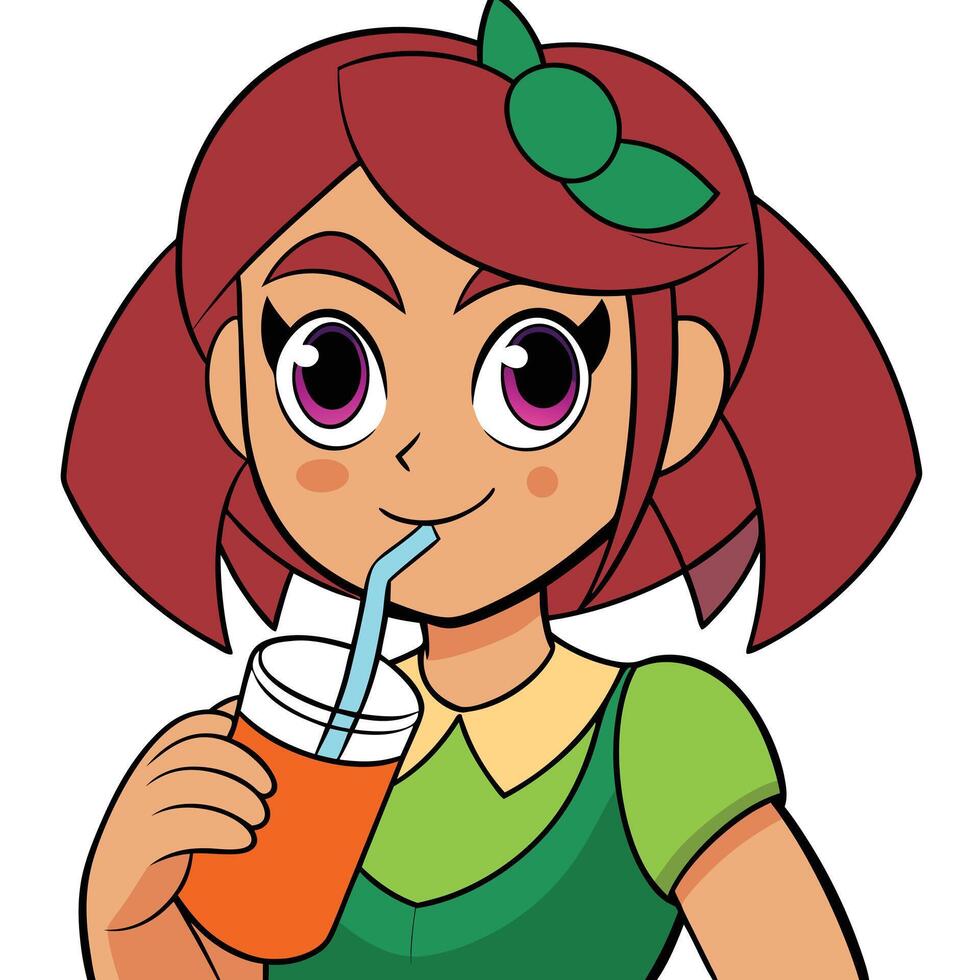 Cheerful cartoon girl drinking orange juice with a straw illustration design vector
