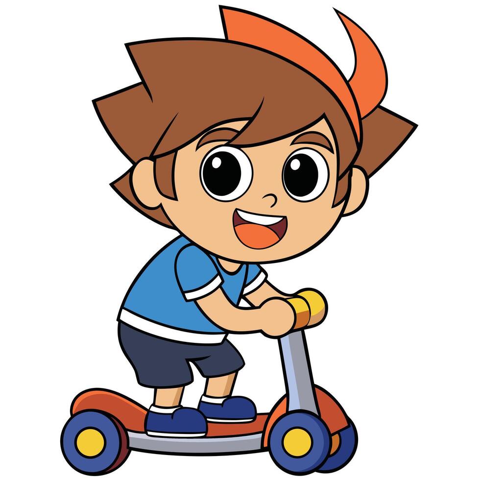 Cartoon boy character riding a scooter smiling enjoying outdoor activity illustration vector