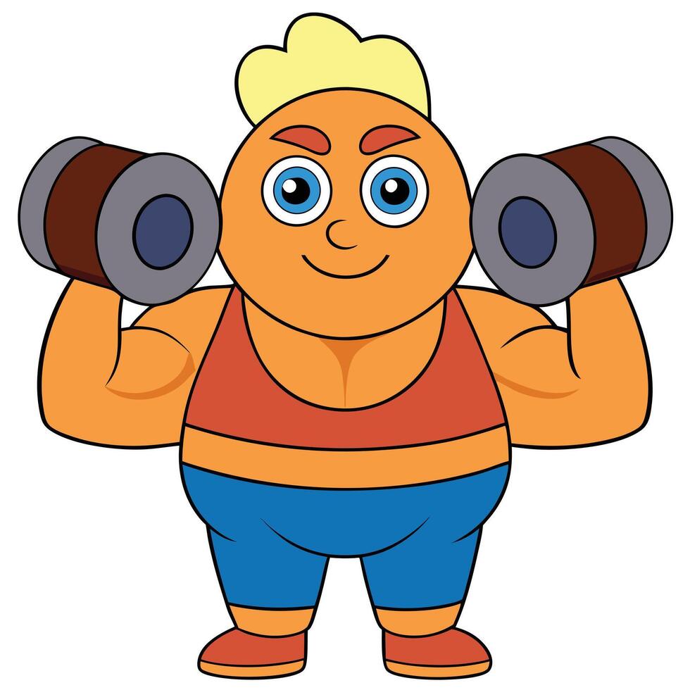 Cartoon bodybuilder lifting dumbbells training for fitness and health isolated illustration vector