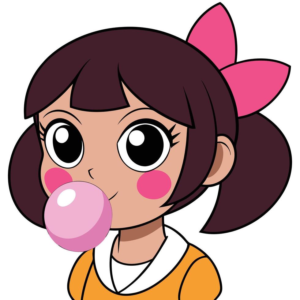 Cartoon girl blowing bubble gum illustration with ponytails and pink bow vector