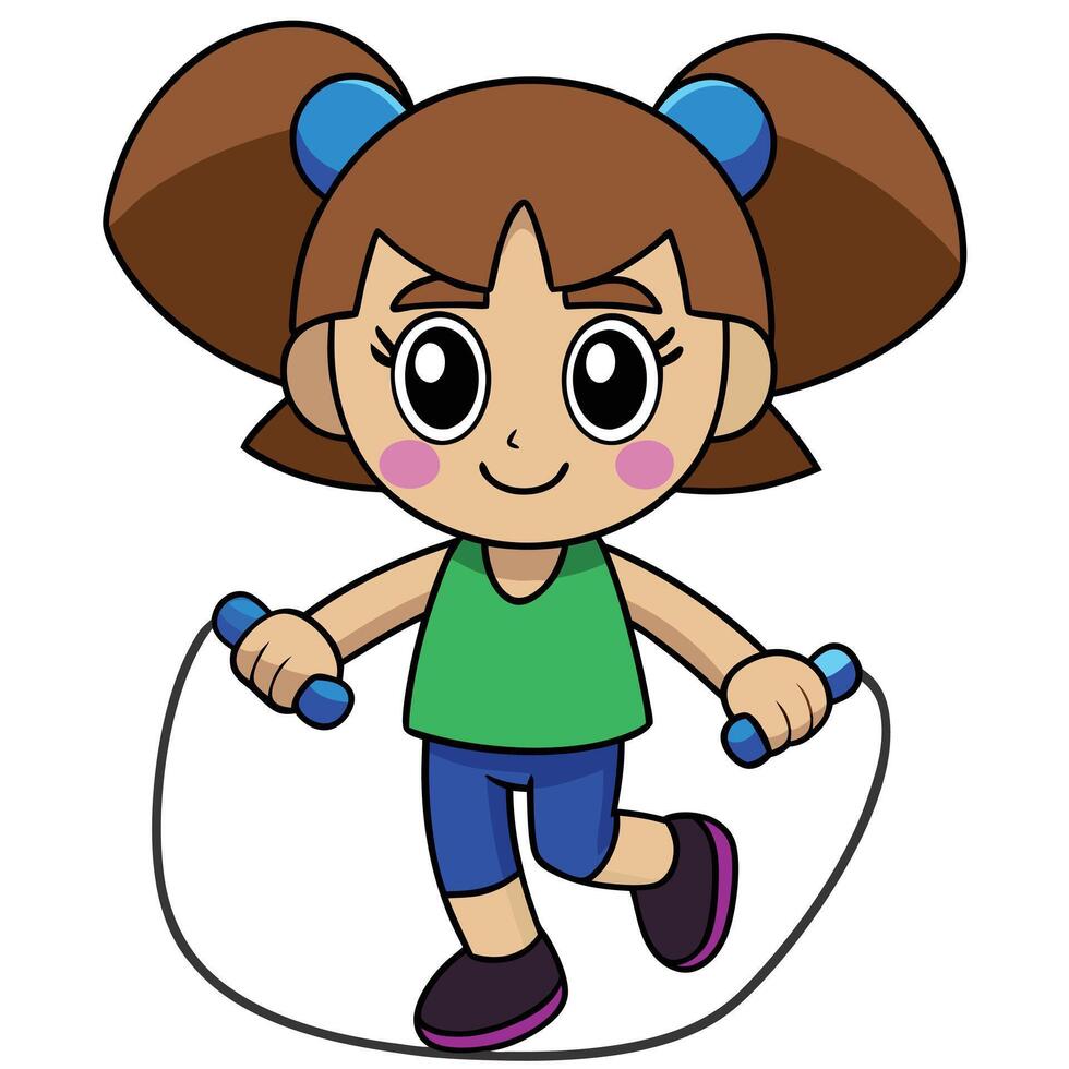 Cartoon girl with ponytails skipping rope happy and energetic illustration vector
