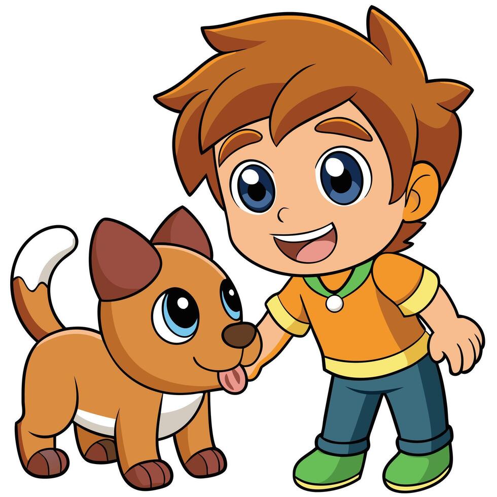 Cartoon boy petting dog smiling illustration friendship and childhood vector