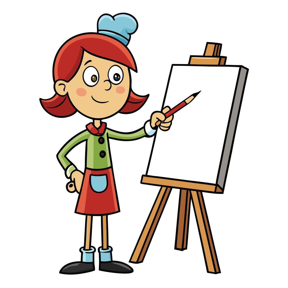 Cartoon girl artist painting on easel with pencil at a blank canvas vector