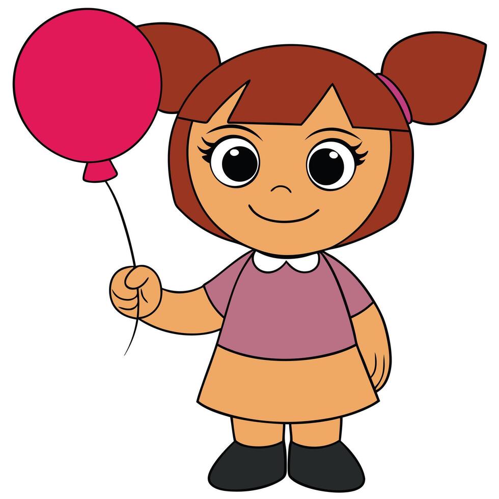 Cartoon girl holding red balloon illustration fun character design vector