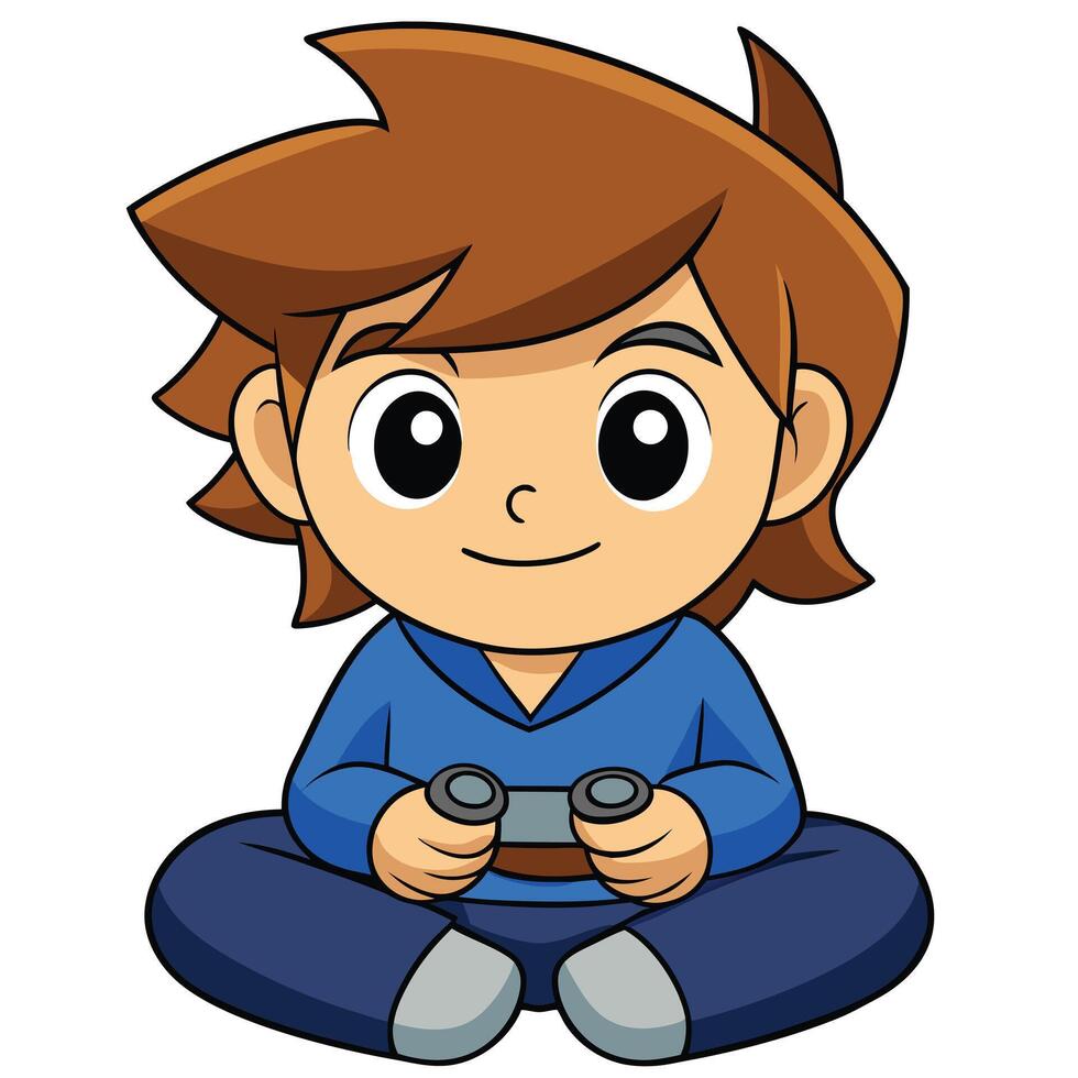 Cartoon boy sitting cross legged playing games with controller vector
